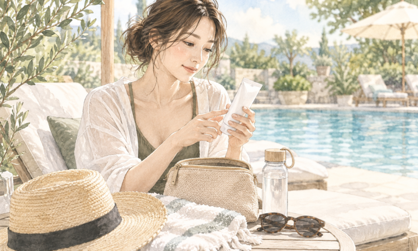 水に触れる外出時の日焼け止めを確認する場面の説明用AIイラスト
