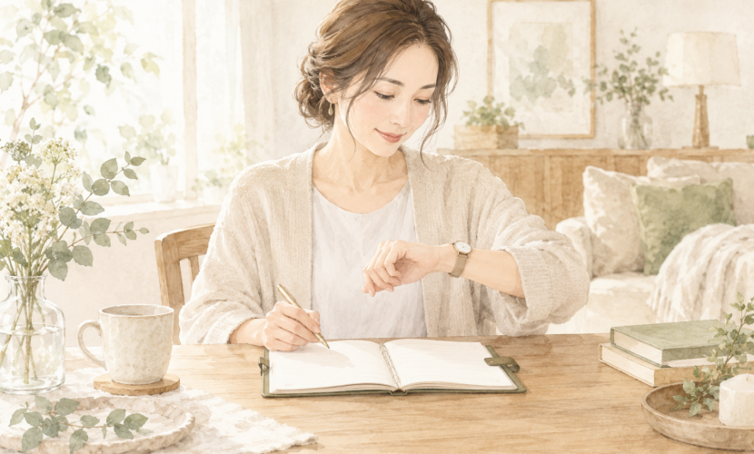 来店後の予定を手帳で確認する場面の説明用AIイラスト