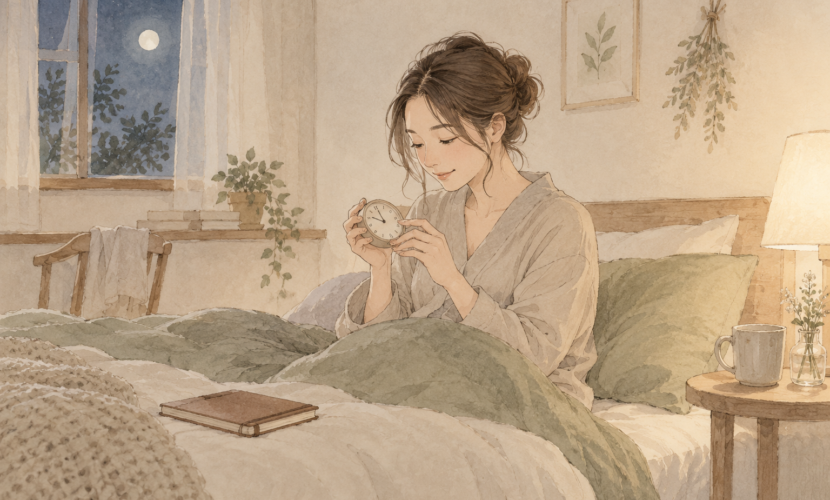 夜の予定を整理して眠る時間を確保する女性の説明用イラスト