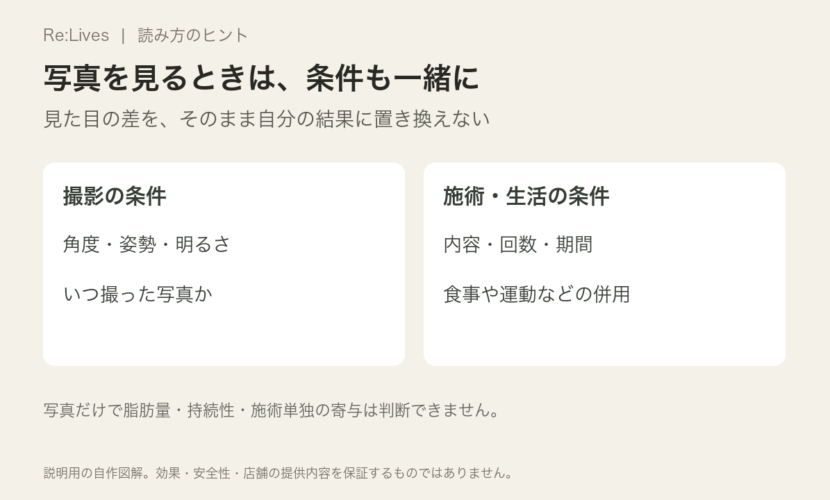 ビフォーアフター写真は撮影の角度・姿勢・明るさと、施術内容・回数・期間・併用事項を確認する説明図