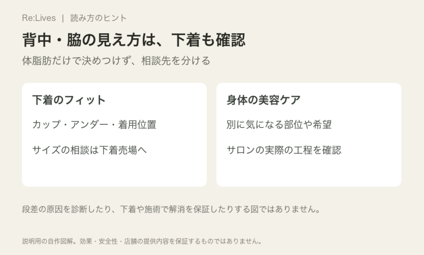 背中や脇の段差は下着のカップ・アンダー・着用位置も確認し、下着売場へのサイズ相談と身体の美容ケアを分ける説明図