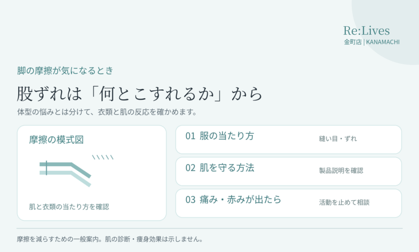 太ももと衣類の摩擦を確認し、服や保護方法を見直し、痛みや赤みが出たら活動を止める図
