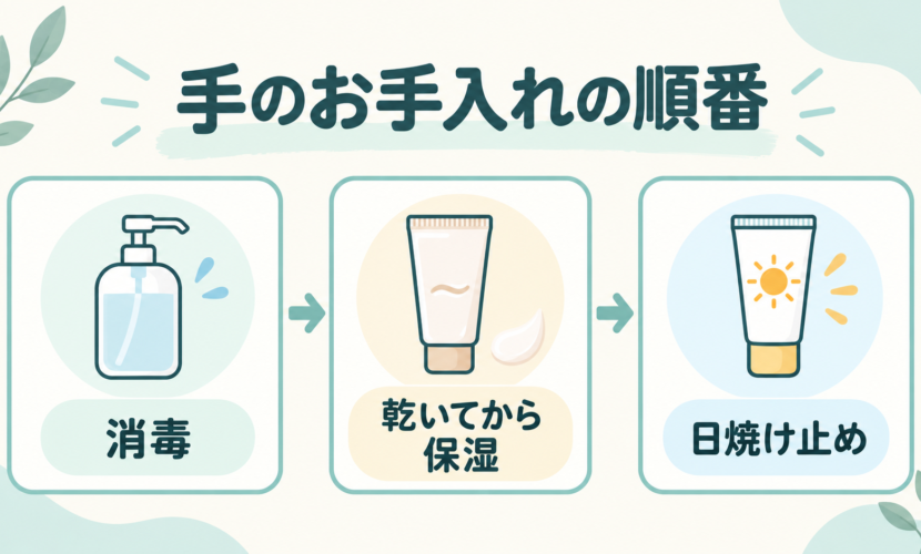 手指消毒液が乾いてから保湿し、その後日焼け止めを使う順序の説明図