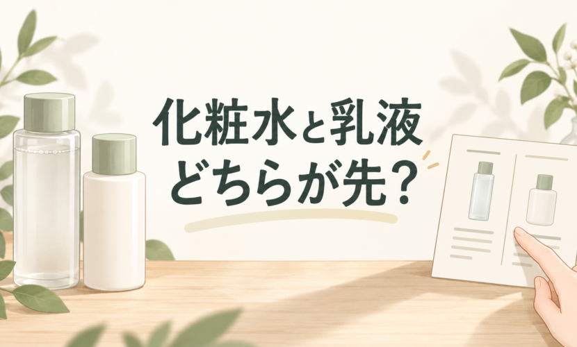 化粧水と乳液の容器を並べ、使用説明カードを指して順番を確認するイラスト