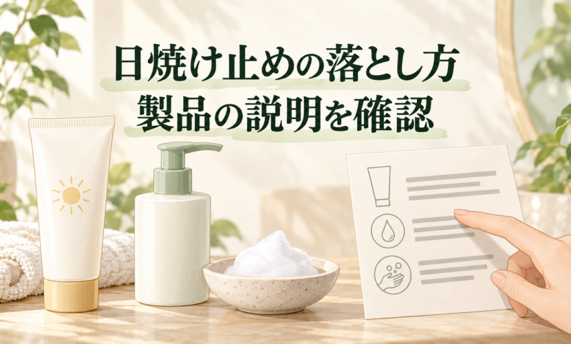 日焼け止めと洗浄料の容器を並べて落とし方の説明カードを確認するイラスト