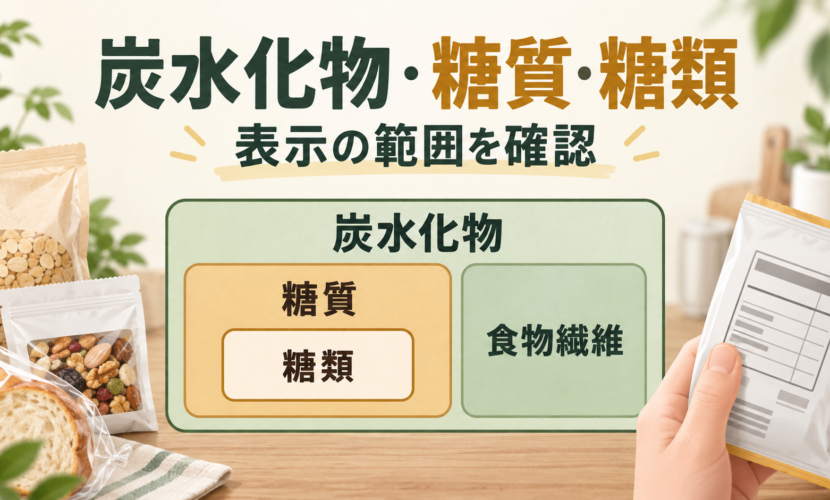 炭水化物の中に糖質と食物繊維、糖質の中に糖類がある関係を示す説明用図