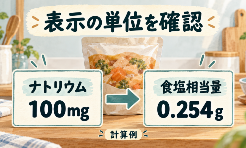 食品の表示カードにあるナトリウム100mgから食塩相当量0.254gへの換算を確認する説明イラスト