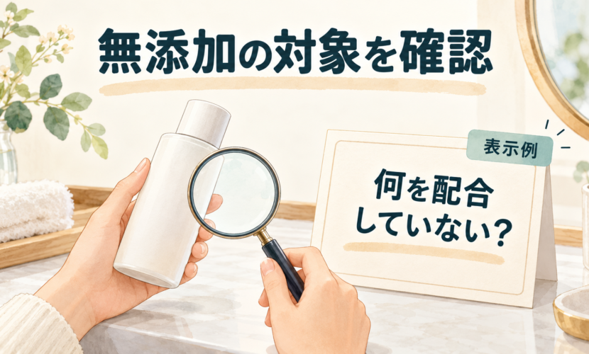 無銘の化粧品容器と表示例のカードで無添加の対象を確認するイラスト