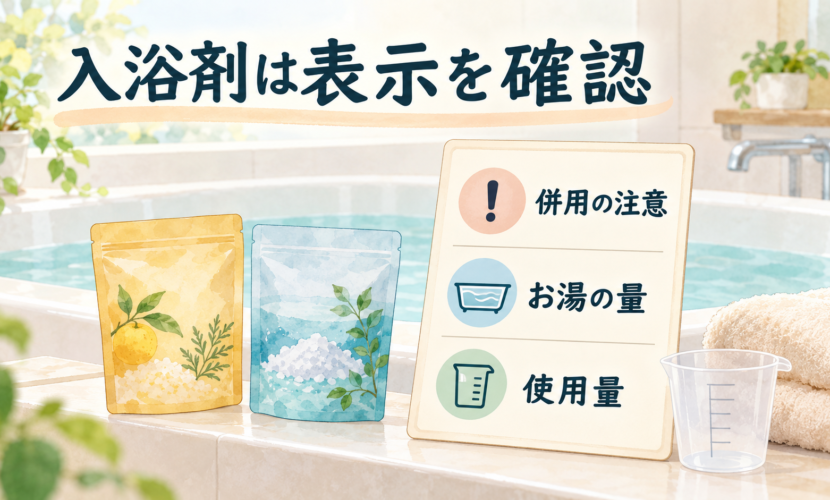 浴槽のそばで2種類の無銘入浴剤と使用上の注意のカードを見比べる説明イラスト