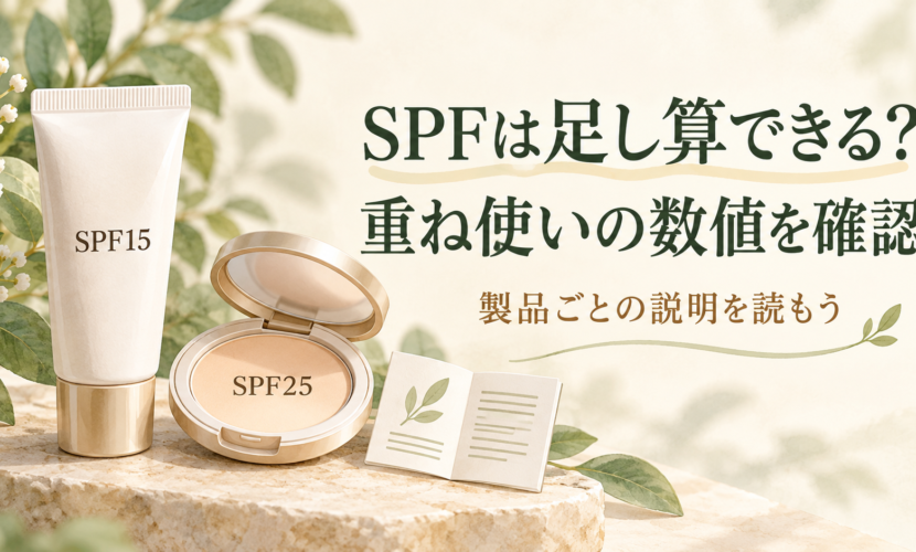 SPF15の下地とSPF25のファンデーションの表示を足し算せず、それぞれの説明を確認するイラスト
