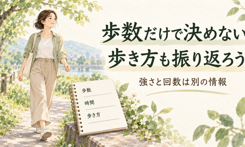 散歩する女性と、歩数・時間・歩き方を分けて書く記録カードの説明イラスト