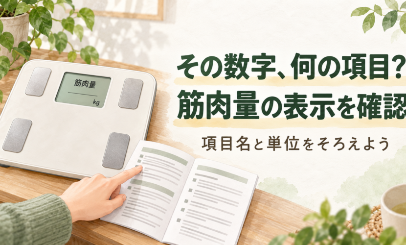 無銘の体組成計のそばで筋肉量の項目名と単位を説明書で確認するイラスト
