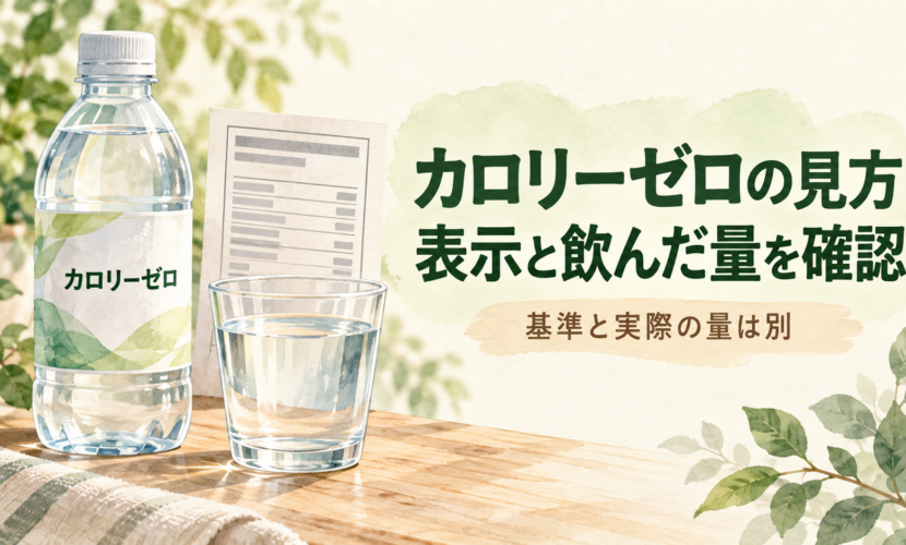 無銘の飲料ボトルとグラスのそばでカロリーゼロの表示と飲んだ量を確認するイラスト