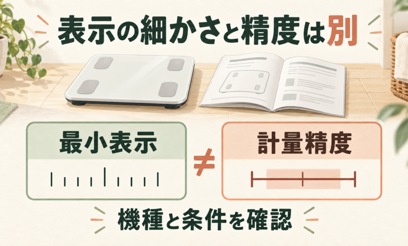 体重計の表示の刻みと計量精度の条件を別々に確認する説明図