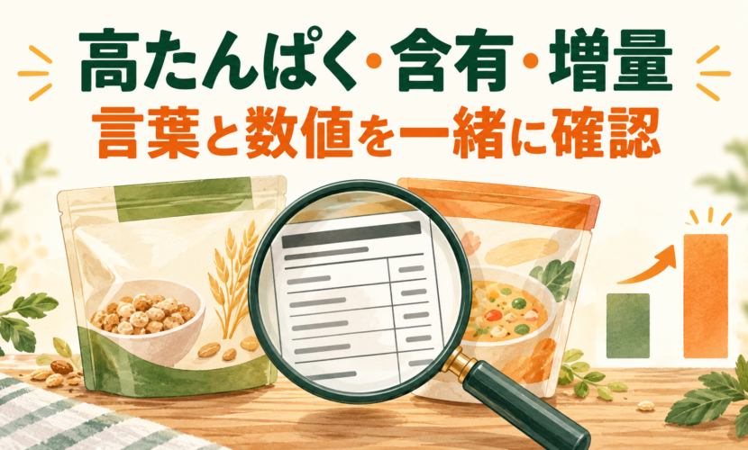 高たんぱくとたんぱく質含有という表示を栄養成分の数値と一緒に確認する説明図