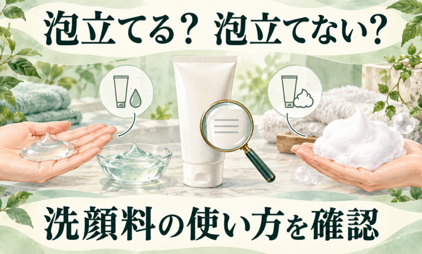 泡立てる洗顔料と泡立てない洗顔料の使用説明を確認する説明図