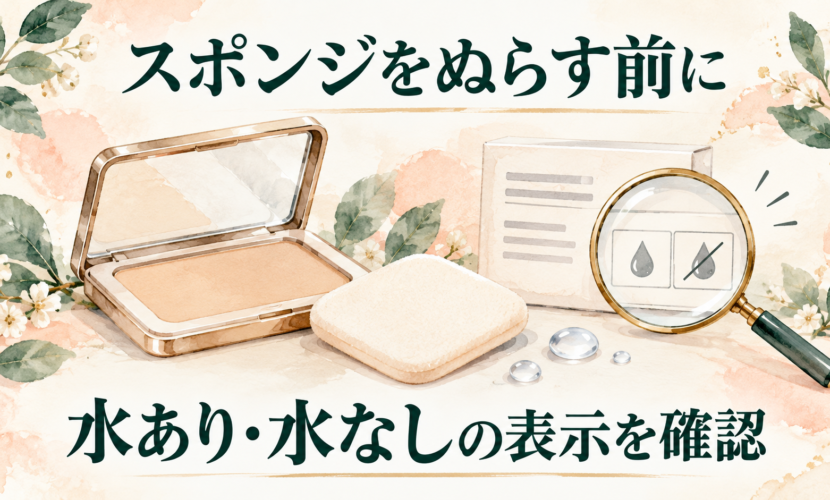 パウダーファンデーションとスポンジの水あり水なしの表示を確認する説明図