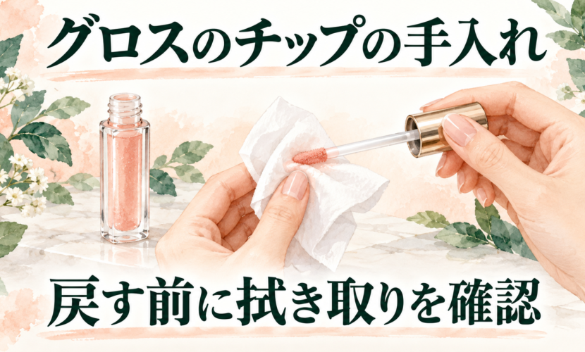 グロスの内蔵チップを容器に戻す前にティッシュで拭き取る説明図