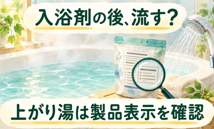 入浴剤の製品表示と入浴後の上がり湯を確認する説明図