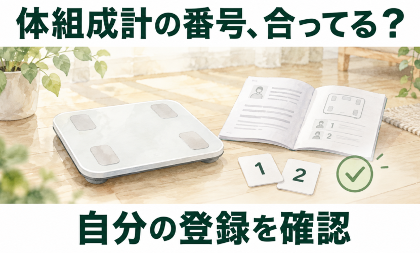 体組成計の表示番号と自分の登録を説明書で確認する説明図