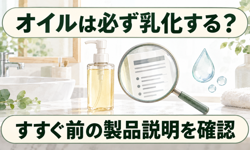クレンジングオイルの容器とすすぐ前の使い方を確認する説明図