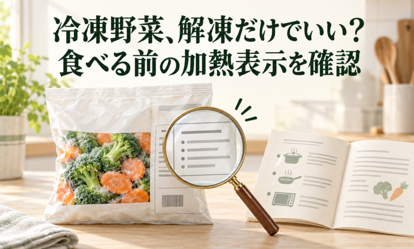 冷凍野菜の袋で食べる前の加熱が必要かを確認する説明図