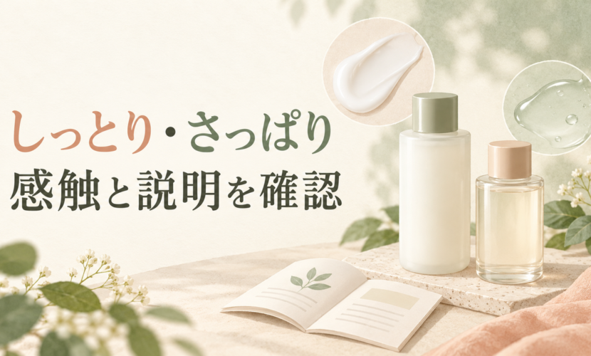 しっとりとさっぱりの使用感を、製品説明と分けて確認するスキンケアの説明図