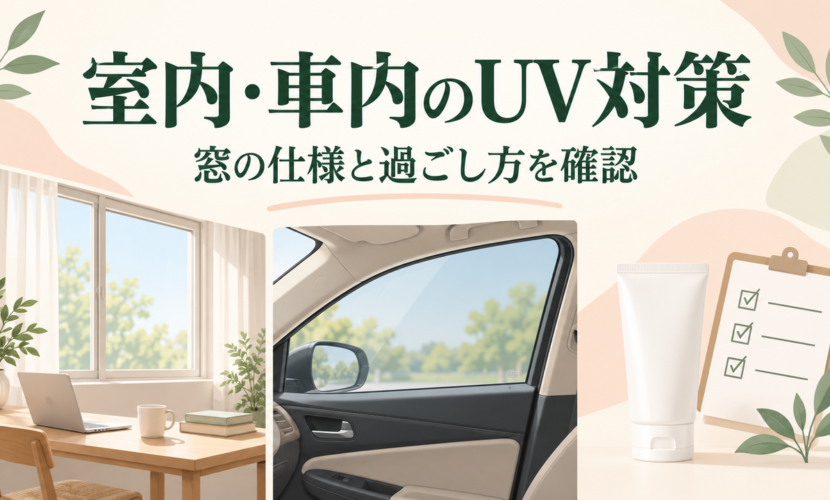 室内の窓と車の窓、日焼け止めの説明を確認するUV対策のイラスト