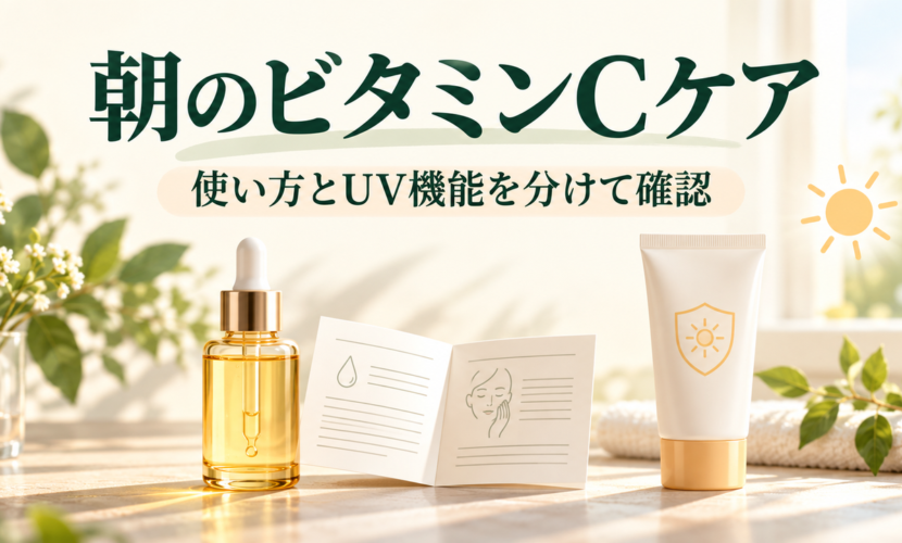 朝のスキンケアで商品名、使用説明、UV機能を分けて確認する説明図。