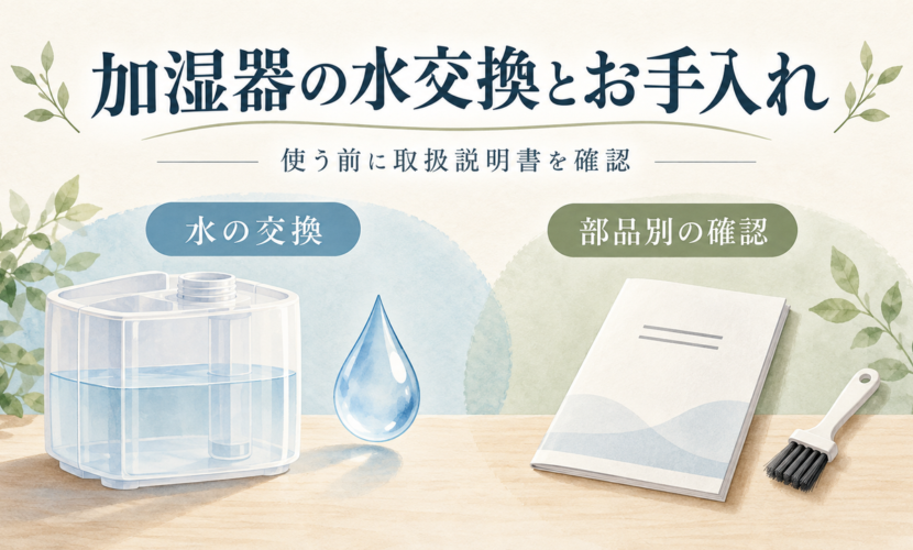 加湿器の水交換と部品別の確認を分けて示す、水タンクと説明書のイラスト