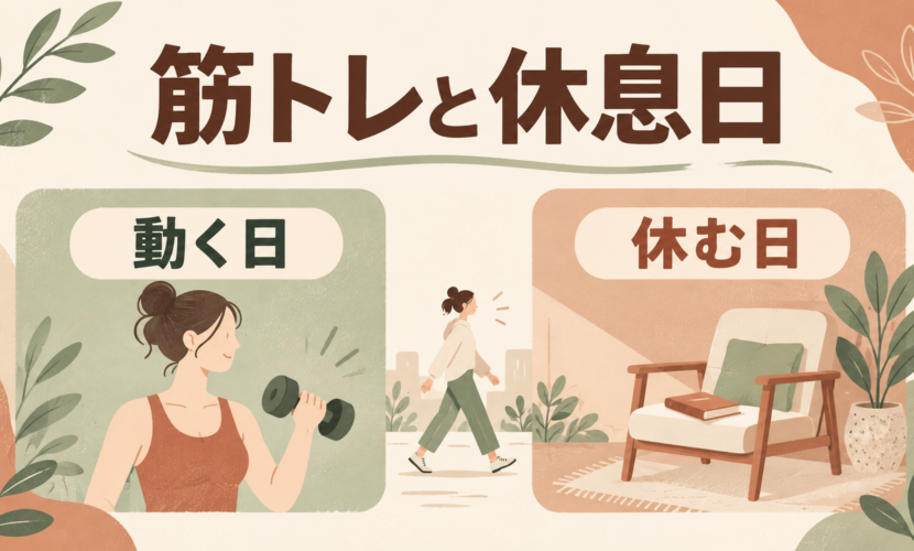 筋トレをする動く日と、椅子で休む日を分け、中央に歩く人を描いた説明イラスト