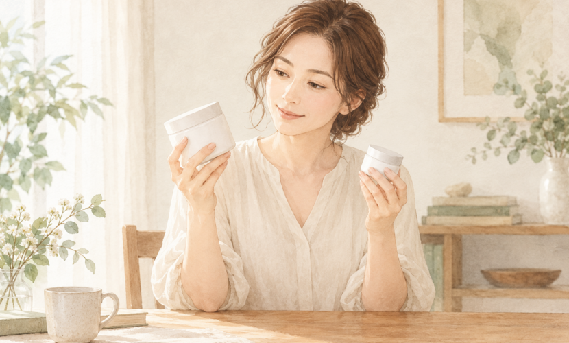 顔用と身体用のクリームの用途を確認する場面の説明用AIイラスト