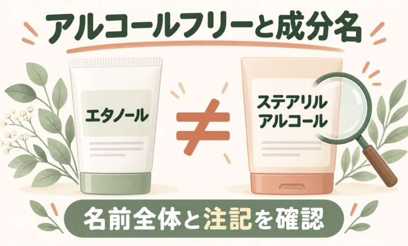化粧品のアルコールフリー表示と全成分表示を見比べる説明図